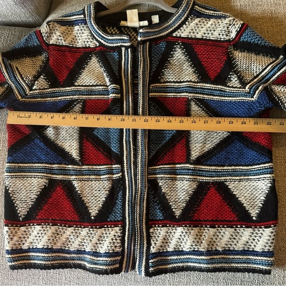 H&M Label Graded Goods Red White Blue Geometric Patchwork Cardigan Sweater Sz L - Picture 8 of 9